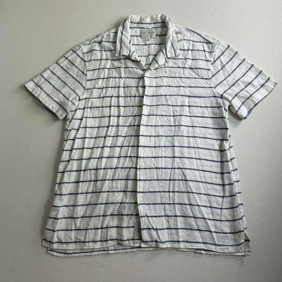 Lucky Brand Camp Shirt Men Large Blue Striped Linen Blend Short Sleeve Button Up - Picture 1 of 9